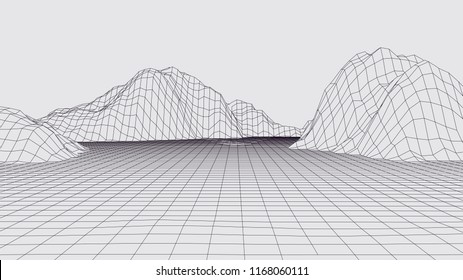 Abstract vector wireframe landscape. Abstract mesh landscapes. Polygonal mountains. Vector illustration.