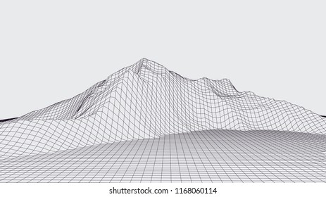 Abstract vector wireframe landscape. Abstract mesh landscapes. Polygonal mountains. Vector illustration.