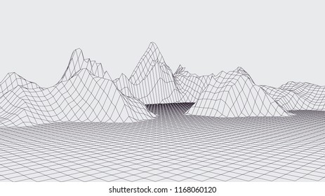 Abstract vector wireframe landscape. Abstract mesh landscapes. Polygonal mountains. Vector illustration.