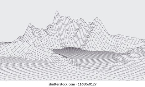 Abstract vector wireframe landscape. Abstract mesh landscapes. Polygonal mountains. Vector illustration.