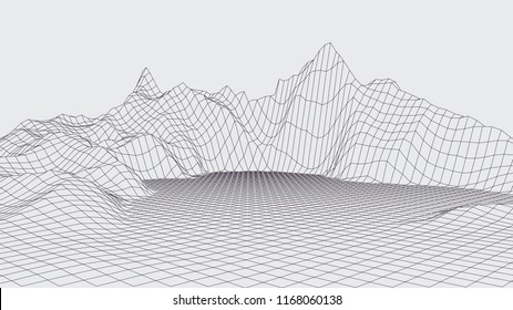 Abstract vector wireframe landscape. Abstract mesh landscapes. Polygonal mountains. Vector illustration.