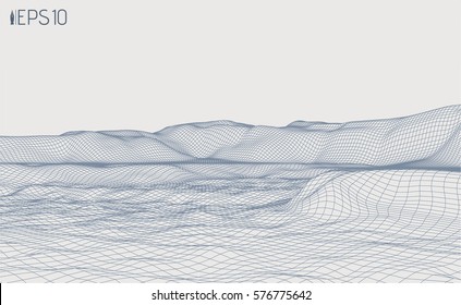 Abstract vector wireframe linear 3D landscape. Digital perspective composition. Abstract seaside terrain.