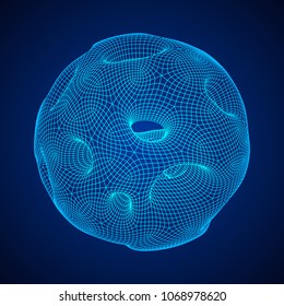 Abstract vector wireframe sphere globe with holes looks like small planet or asteroid. Vector low poly mesh illustration