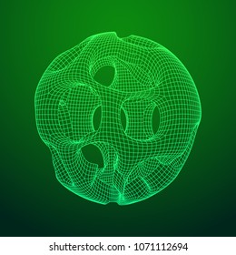 Abstract vector wireframe sphere globe with holes looks like small planet or asteroid. Vector low poly mesh illustration