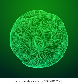 Abstract vector wireframe sphere globe with holes looks like small planet or asteroid. Vector low poly mesh illustration