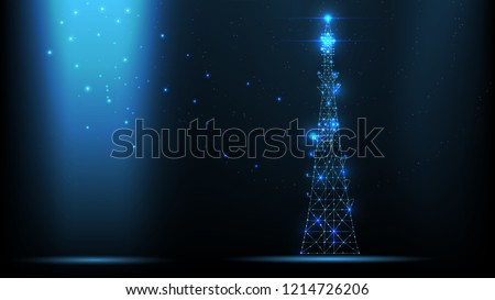 Abstract vector wireframe telecommunications signal transmitter, radio antenna tower from lines and triangles, point connecting network on dark background. Illustration vector.
