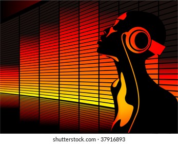Abstract vector of woman listening to music with equalizer in the background