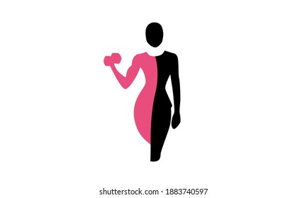 Abstract vector of a woman in pink and black. Half of the body is in a business skirt suit and the other in flexing a muscle and holding a dumbbell. Represents woman balancing work and exercise.