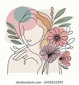 Vector abstracto de las mujeres y las flores en un estilo de arte de línea plana simple