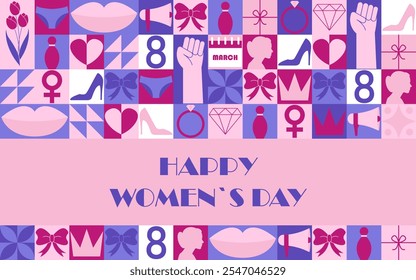 Abstract vector Womens day banner. Neo Geometric mosaic pattern. Vector illustration