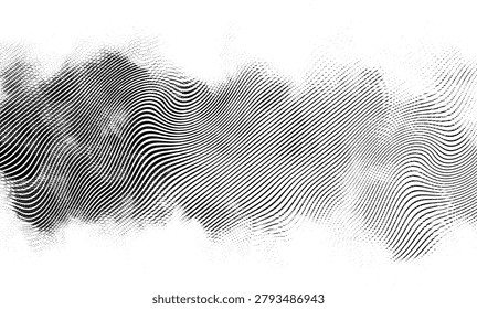 Abstract vector woodcut engraving undulating lines  horizontal banner. Vintage monochrome  texture with hatching and smooth wave layer.