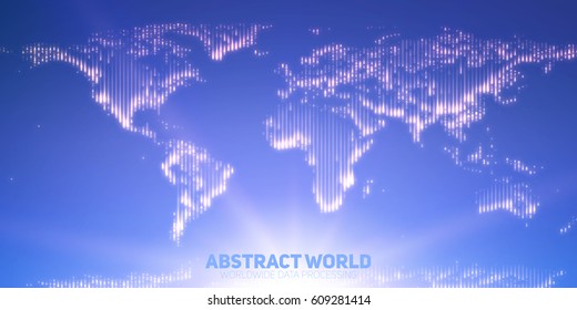 Abstract vector world map constructed of glowing points. Continents with a flare in the bottom. Digital map abstraction in light blue colors. Digital continents. Global information network.