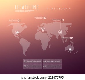 Abstract vector world map infographic template with blurred background and icons, for business, workflow layout, progress, number options, step presentation and web. Clean and modern, minimal design