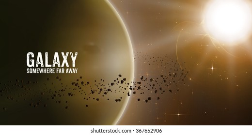 Abstract vector yellow background with planet and ring of asteroids around. Bright star light shine in the corner with protuberance. Sparkles of distant stars on the background. 