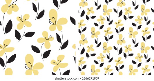 Resumen de flores vectoriales amarillas con hojas negras sobre un fondo blanco.Ornamento botánico interminable.