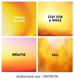 Abstract vector yellow gold blurred background set. 4 colors set. Square blurred gold backgrounds set - sky clouds colors With love quotes