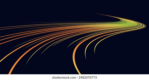 Abstractas líneas onduladas amarillas de Vector que fluyen en una curva suave, gradiente brillante sobre un fondo oscuro en el concepto de tecnología, ciencia, música, modernidad.