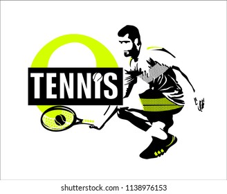 Abstract vectorial image of a man with a tennis racket and a ball.
An athlete, a tennis player. Logo for firms for the sale of soft goods. Sticker, poster, leaflet for advertising sports stores.