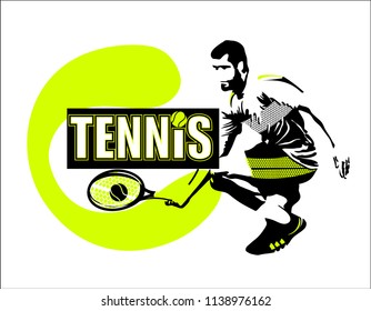 Abstract vectorial image of a man with a tennis racket and a ball.
An athlete, a tennis player. Logo for firms for the sale of soft goods. Sticker, poster, leaflet for advertising sports stores.