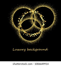 Abstract vectorial round frame of golden confetti and stars on a black background.