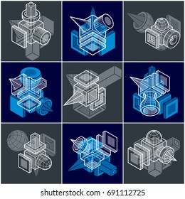 Abstract vectors, 3D simple geometric shapes set.