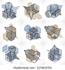 Abstract vectors set, isometric dimensional shapes collection.