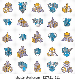 Abstract vectors set, isometric dimensional shapes collection.
