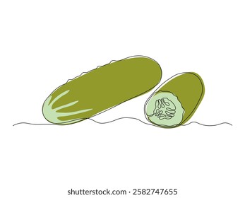 Abstract vegetable cucumber and piece,slice. continuous single one line art hand drawing sketch logo