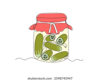 Abstract vegetable cucumbers, canned pickled salted cucumbers in jar. continuous single one line art hand drawing sketch logo