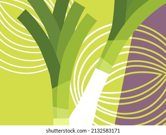 Abstract vegetable design in flat cut out style. Leeks silhouette and cross section. Vector illustration.