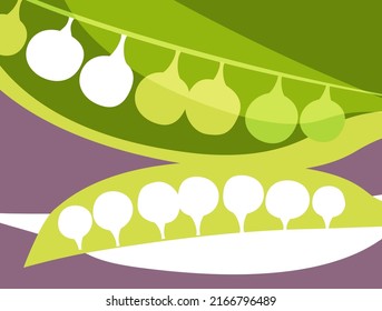 Abstract vegetable design in flat cut out style. Green peas in a pod silhouette and cross section. Vector illustration.