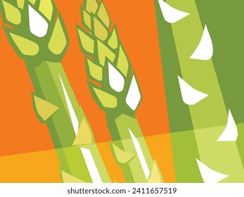 Abstract vegetable design in flat cut out style. Close up of asparagus spears on orange background.  Vector illustration.