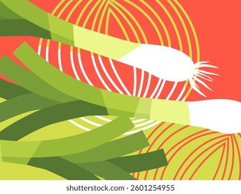 Abstract vegetable design in flat cut out style.  Leeks with leaves and cross sections. Modern minimalist artwork . Vector illustration.