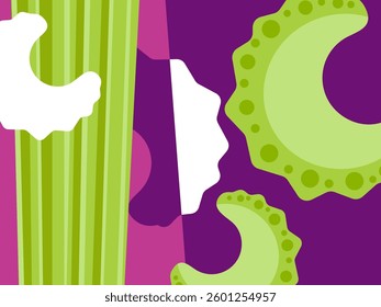 Abstract vegetable design in flat cut out style. Celery stalk and cross sections on purple background. Vector illustration.