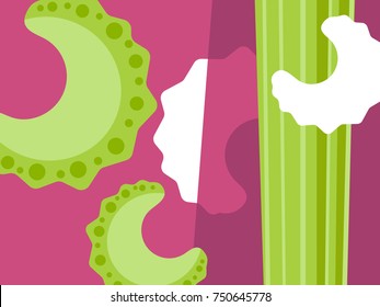 Abstract vegetable design in flat cut out style. Sliced celery on purple background. Vector illustration.