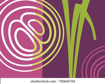 Abstract vegetable design in flat style. Sliced red onion and leaves. Vector illustration.