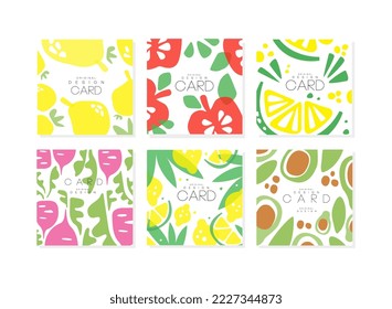 Abstract vegetable and fruit card design set. Banner, poster, cover, background with pear, apple, raddish, lime, avocado cartoon vector illustration