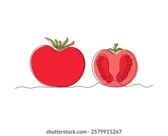 Abstract vegetable tomato and piece,slice. continuous single one line art hand drawing sketch logo