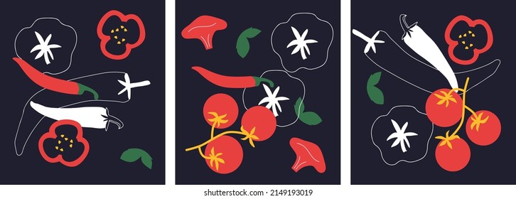 Abstract Vegetables  appetizing collection. Decorative abstract banner with colorful doodles. Hand-drawn modern illustrations with Vegetables, abstract elements. 