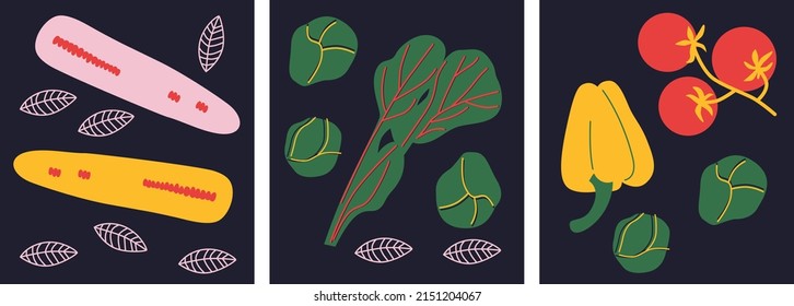 Abstract Vegetables appetizing collection. Tomato, corn, greens, broccoli. Decorative abstract banner with colorful doodles. Hand-drawn modern illustrations with Vegetables, abstract elements. 