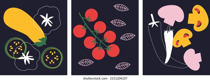 Abstract Vegetables appetizing collection. Tomatoes, cucumbers, eggplant, mushrooms. Decorative abstract banner with colorful doodles. Hand-drawn modern illustrations with Vegetables, abstract art