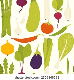 Abstract vegetables pattern. Background with healthy food. Zucchini, eggplant, radish, tomato, lettuce, cucumber, garlic, leek. Vector illustration