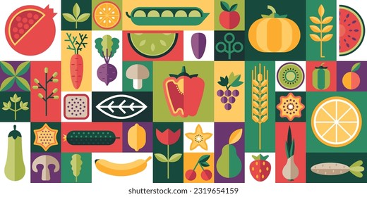 Abstract vegetables pattern. Retro minimalistic scandinavian floral summer wallpaper with organic food and leaves. Vector of plants of vegetable fresh geometric, fruit garden tropical illustration