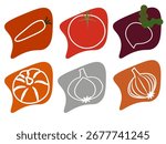 Abstract vegetables set, minimal line art icons of carrot tomato beet pumpkin onion, colorful vector illustration