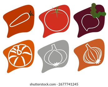 Conjunto de legumes abstratos, ícones de arte de linha mínima de cebola de abóbora de beterraba de tomate de cenoura, ilustração vetorial colorida