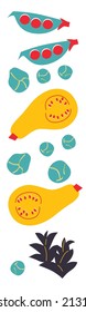 Abstract vegetables set. Vector cartoon still life. Funny colored typography poster, advertising, packaging print design, restaurant menu decoration. For poster, card or background.