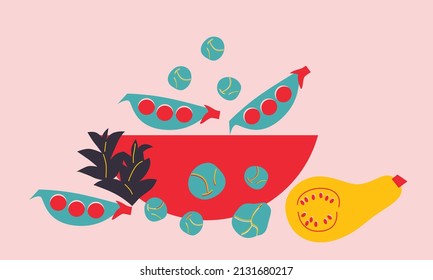 Abstract vegetables set. Vector cartoon still life. Funny colored typography poster, advertising, packaging print design, restaurant menu decoration. For poster, card or background.