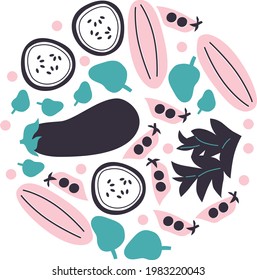 Abstract vegetables vector illustration. Sliced cucumber, peas, eggplant. Flat vector icon of appetizing salad. Drawings for poster, card or background. Cartoon flat vegetables illustration. 