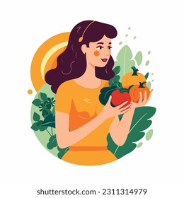 Abstract vegetarian girl juggles vegetables against the background of circles with the designation of vitamins. Isolated vector illustration, flat cartoon