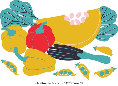 Abstract veggies set vector illustration. Simple vegetables assorted for your design. Trendy modern hand drawn vegetables, ornament for kitchen textile.